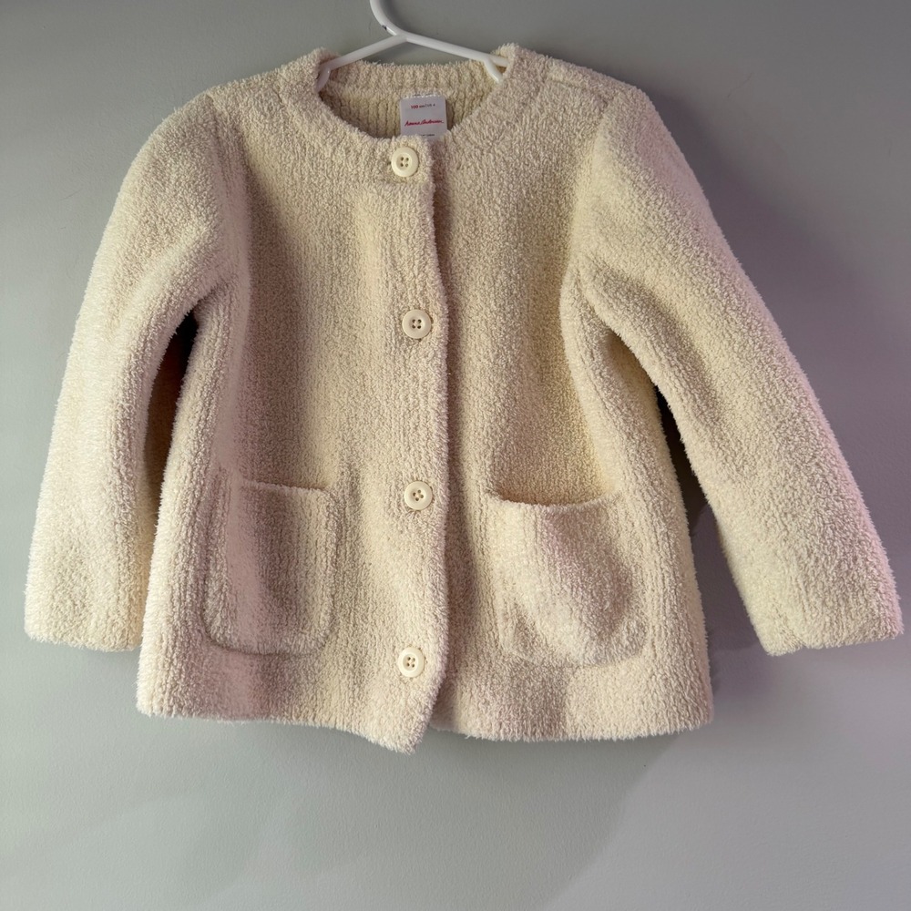 Hanna Andersson Cardigan Girls 4 Cream Excellent Sherpa Fleece Button Front Coat